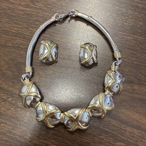 Alexis Kirk Two Tone Silver & Gold Collar Necklace & Earring Modernist Vintage